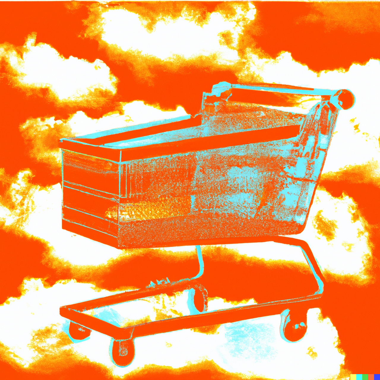 A shopping cart in the clouds in orange and light blue