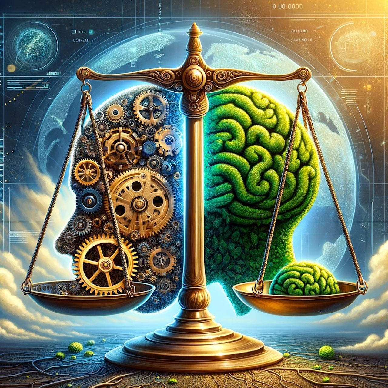 scales balancing AI and human intelligence