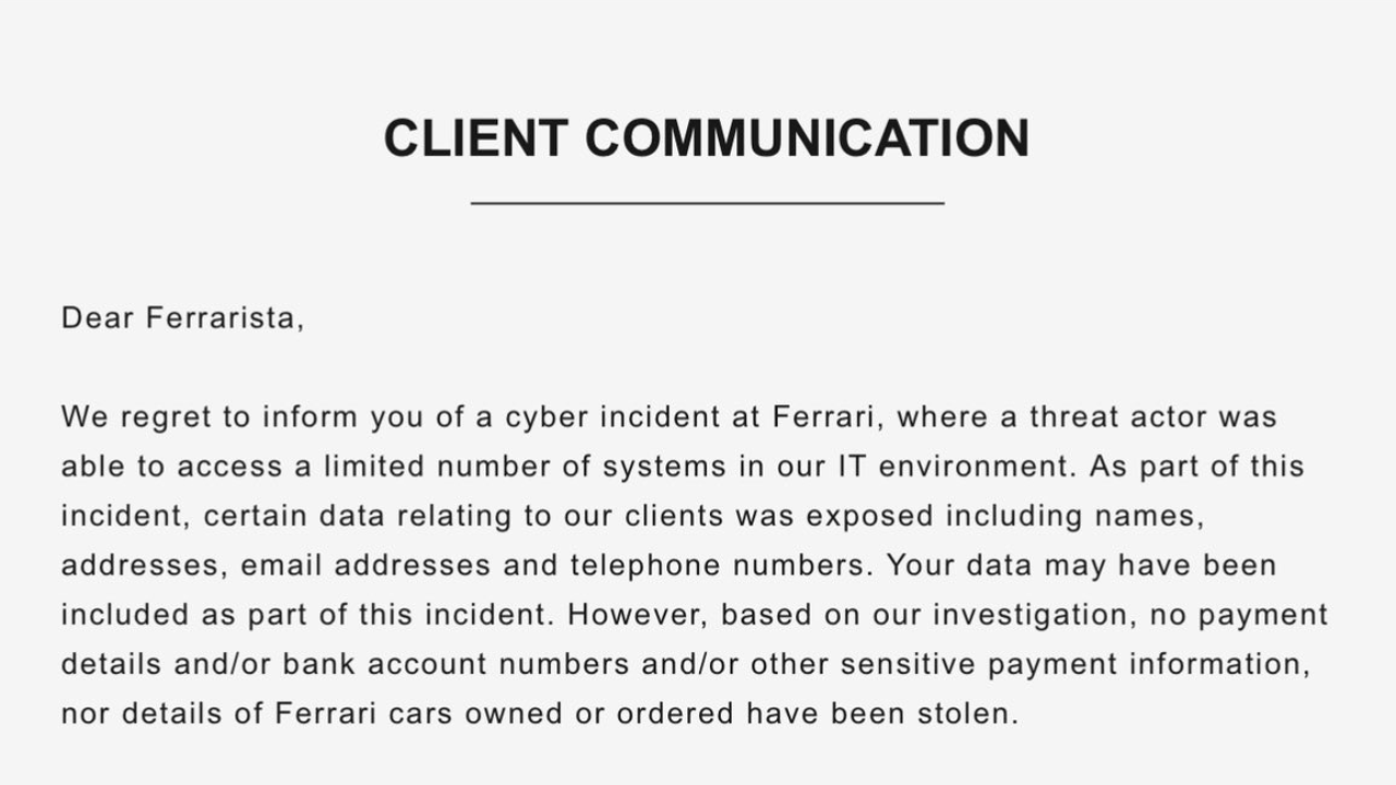Ferrari data breach statement 