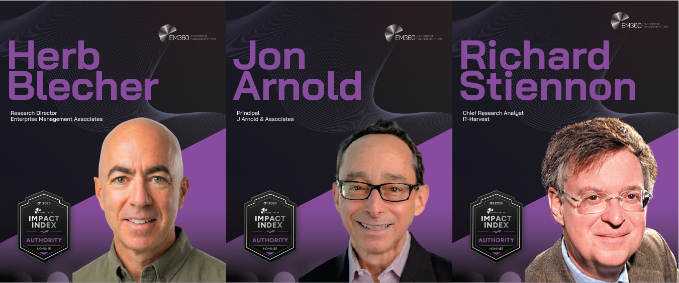 Three EM360Tech Impact Index Q1 2026 Authority Award nominee graphics featuring Herb Blecher (Research Director, Enterprise Management Associates), Jon Arnold (Principal, J Arnold & Associates), and Richard Stiennon (Chief Research Analyst, IT-Harvest) with their portraits and Authority nominee badges.