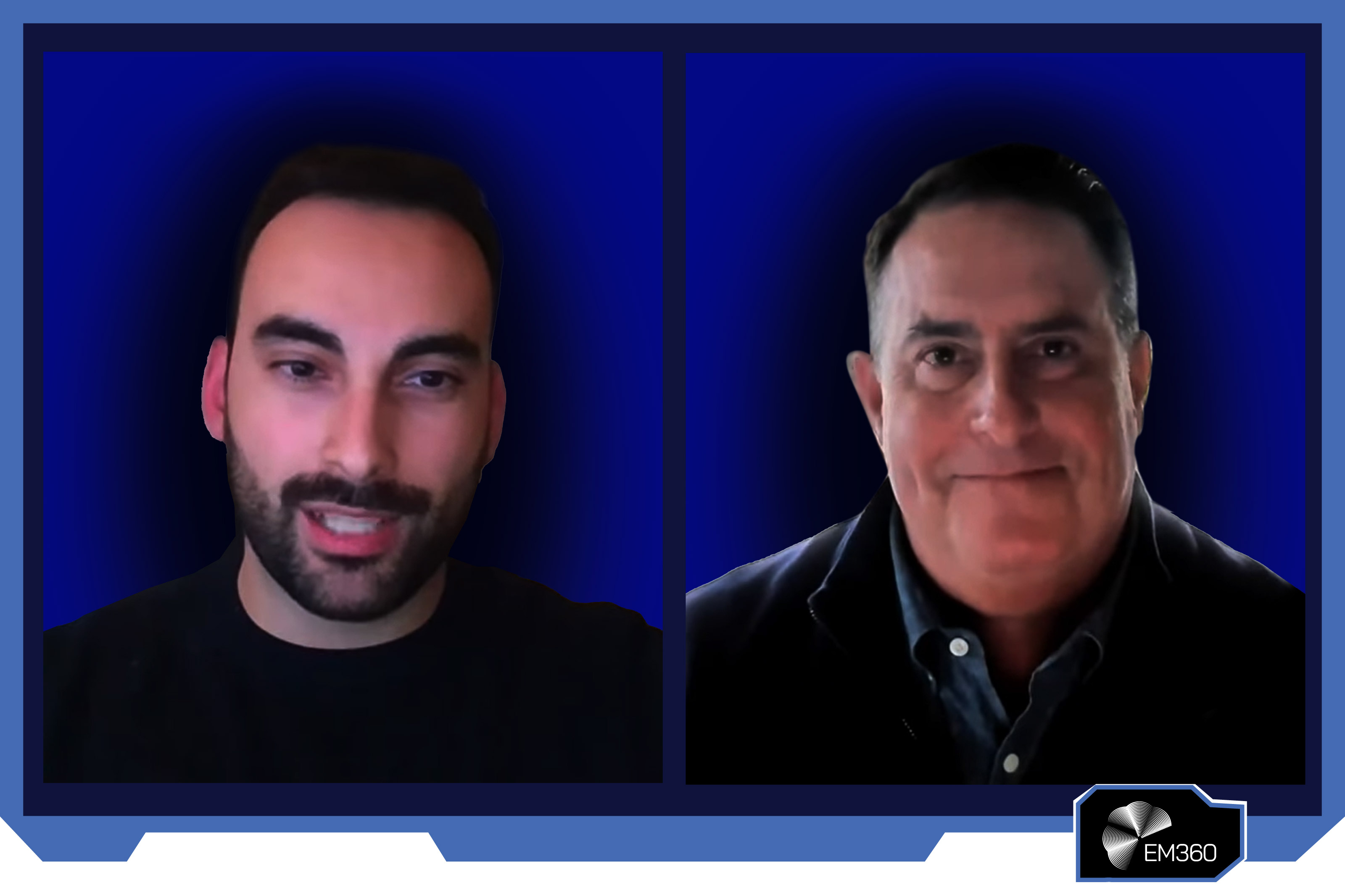 Screenshot from the EM360Tech episode &ldquo;Why AI Agents Demand a New Approach to Identity Security&rdquo; showing a split-screen video call with Alejandro Leal, Senior Analyst at KuppingerCole Analysts, and Matt Fangman, Field CTO at SailPoint, both speaking against a dark blue background.