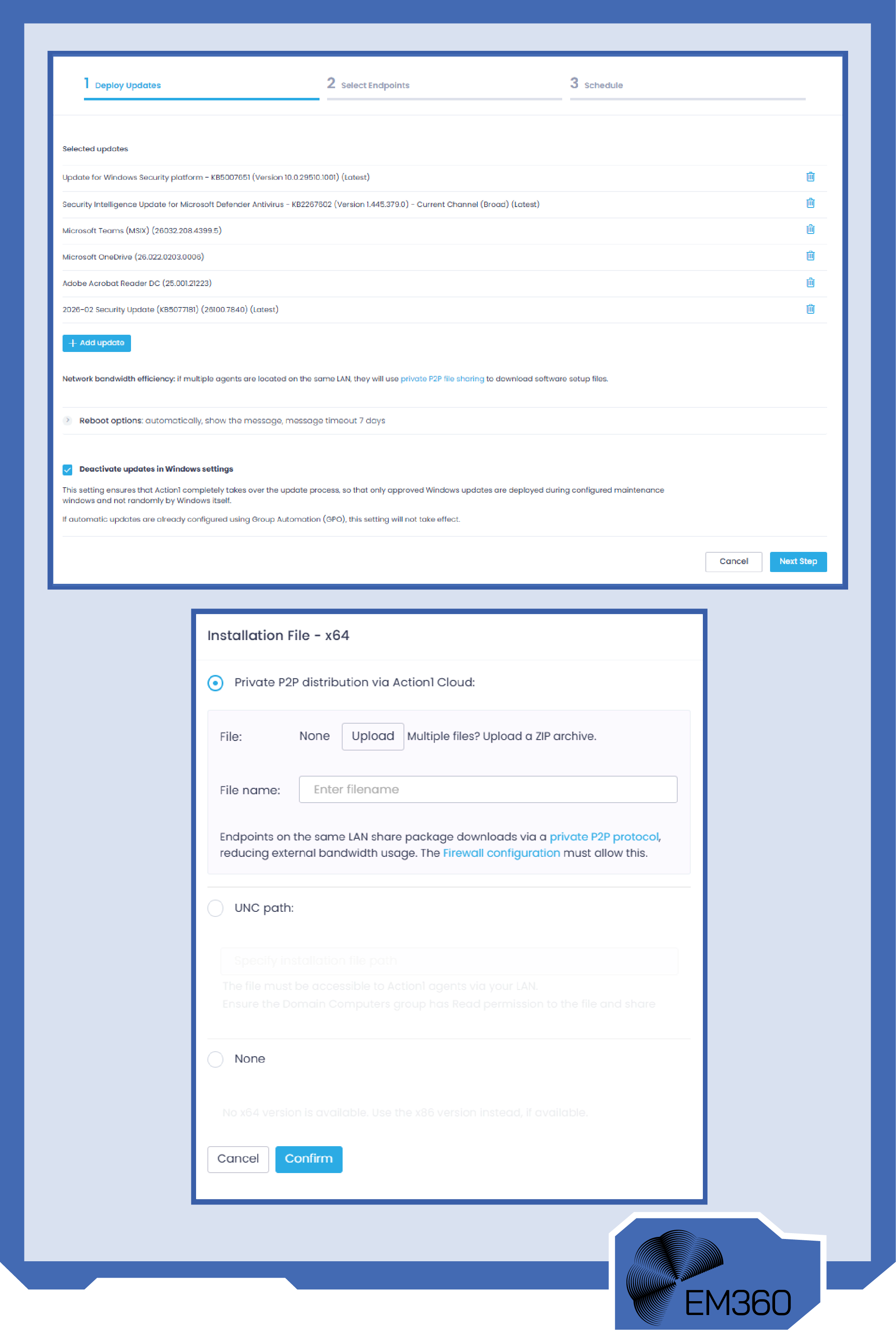 Screenshot of the Action1 patch management interface showing software deployment settings. A highlighted message explains that devices on the same local network use private peer-to-peer (P2P) file sharing to download software packages, improving bandwidth efficiency. A second panel shows installation options with &ldquo;Private P2P distribution via Action1 Cloud&rdquo; selected. EM360 branding appears at the bottom of the graphic.