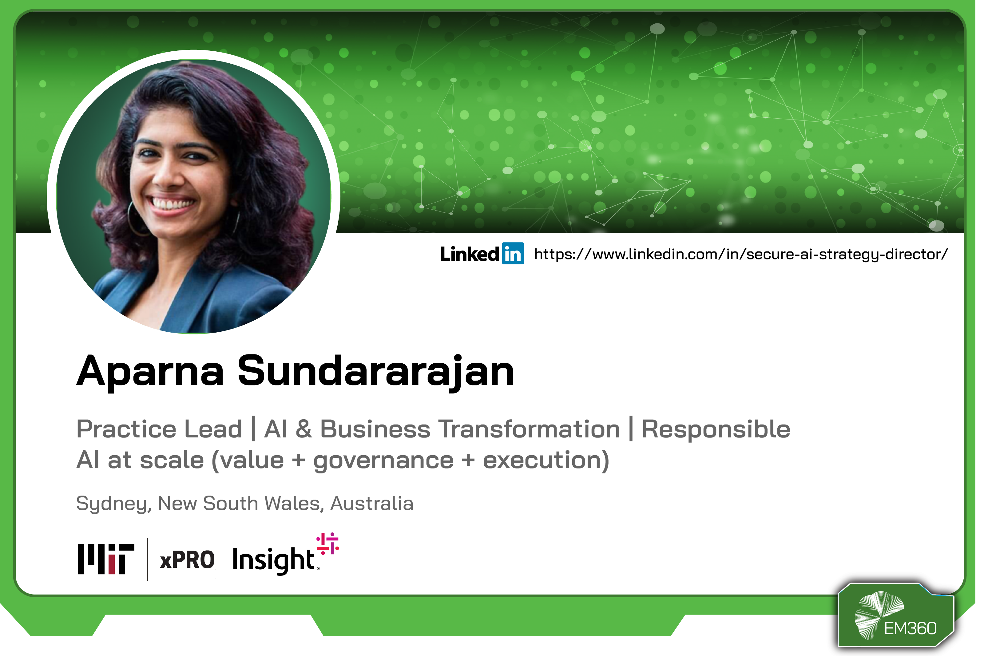Profile card of Aparna Sundararajan, Practice Lead for AI and Business Transformation at MIT xPRO Insight, specialising in responsible AI at scale, based in Sydney, Australia.