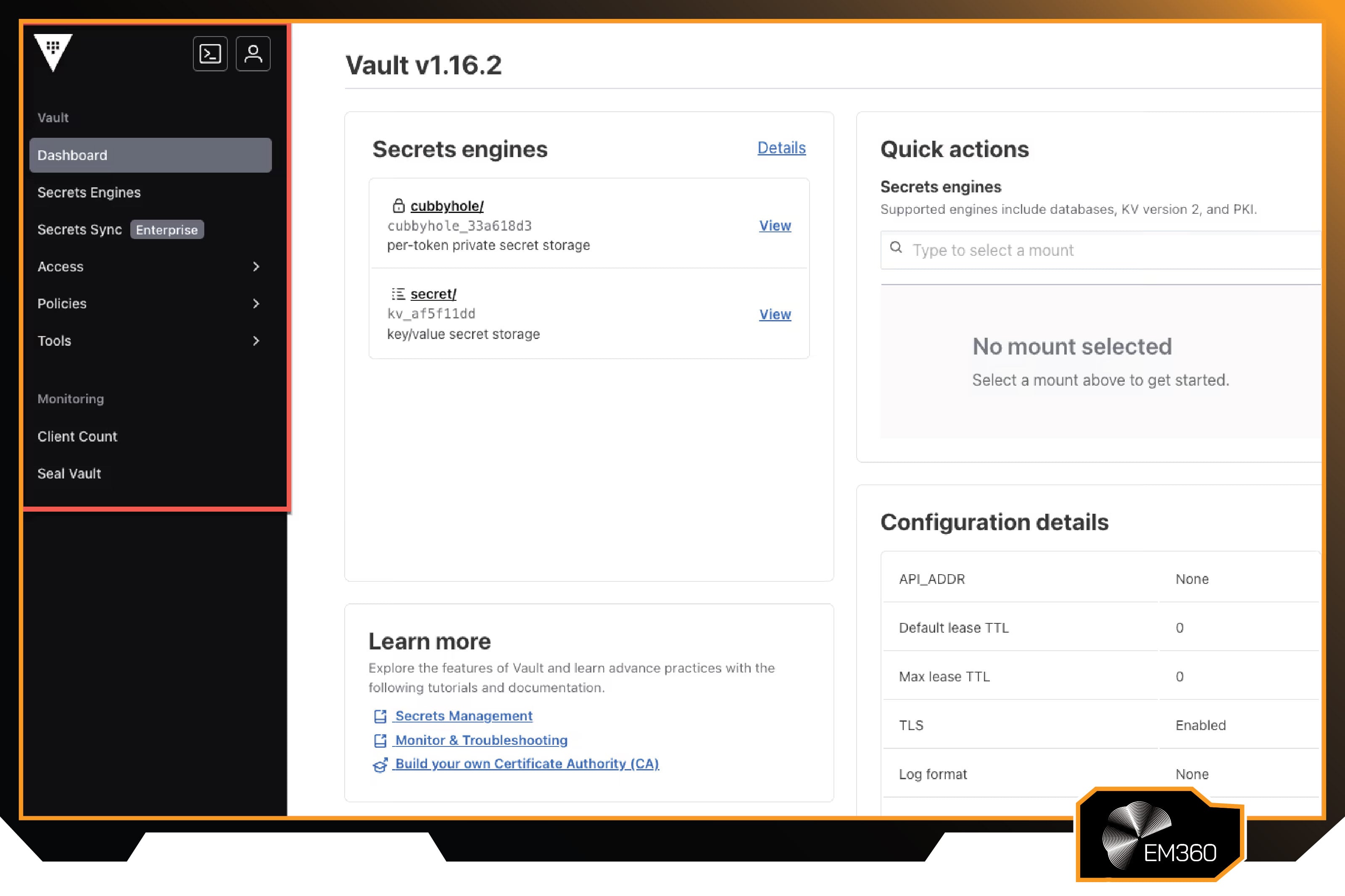 Screenshot of the HashiCorp Vault v1.16.2 dashboard showing secrets engines, quick actions, configuration details, and navigation options for managing secrets, access policies, and encryption settings.