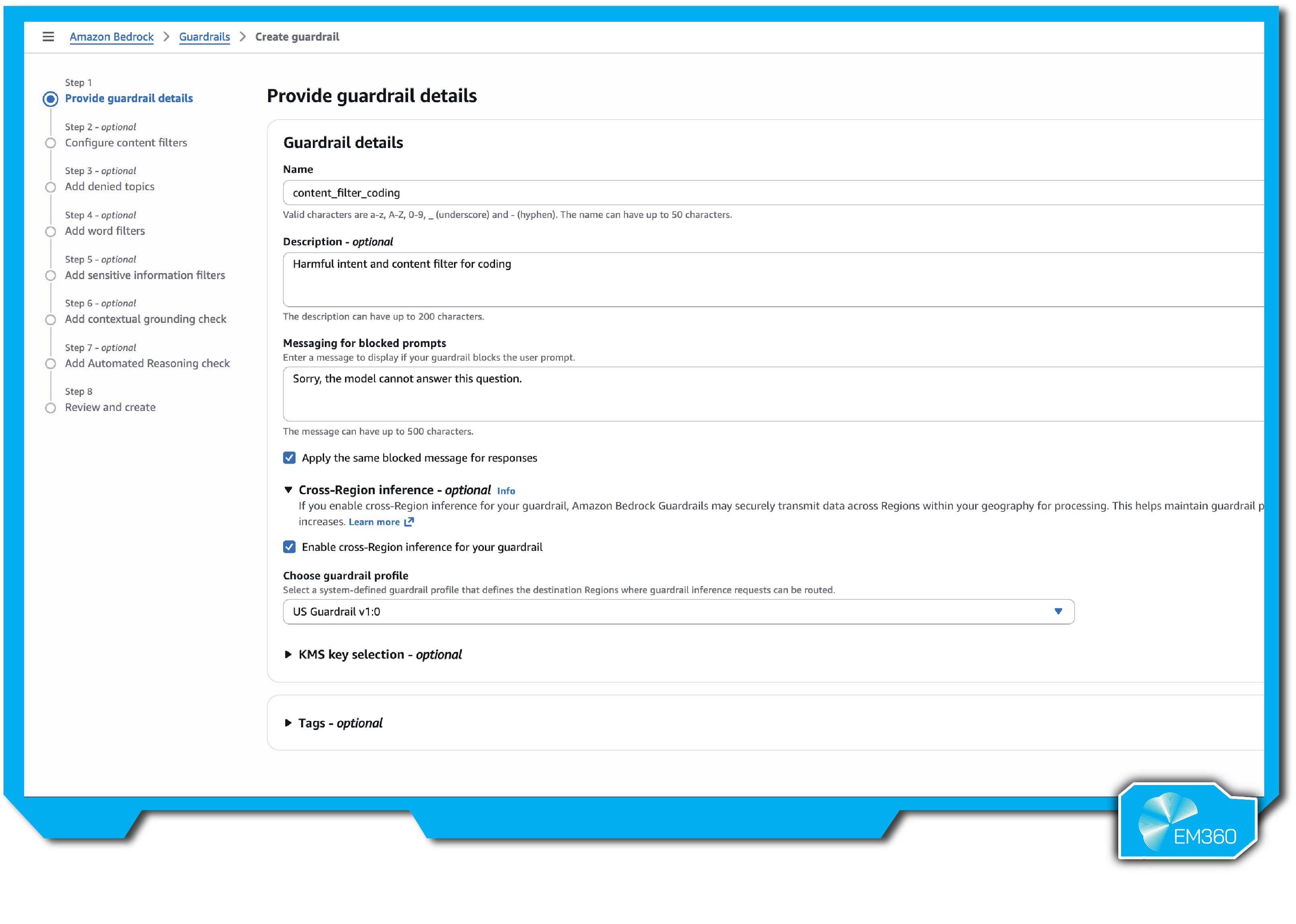 Screenshot of the Amazon Bedrock Guardrails setup interface, showing configuration options for content filters, blocked prompts, and cross-region inference.