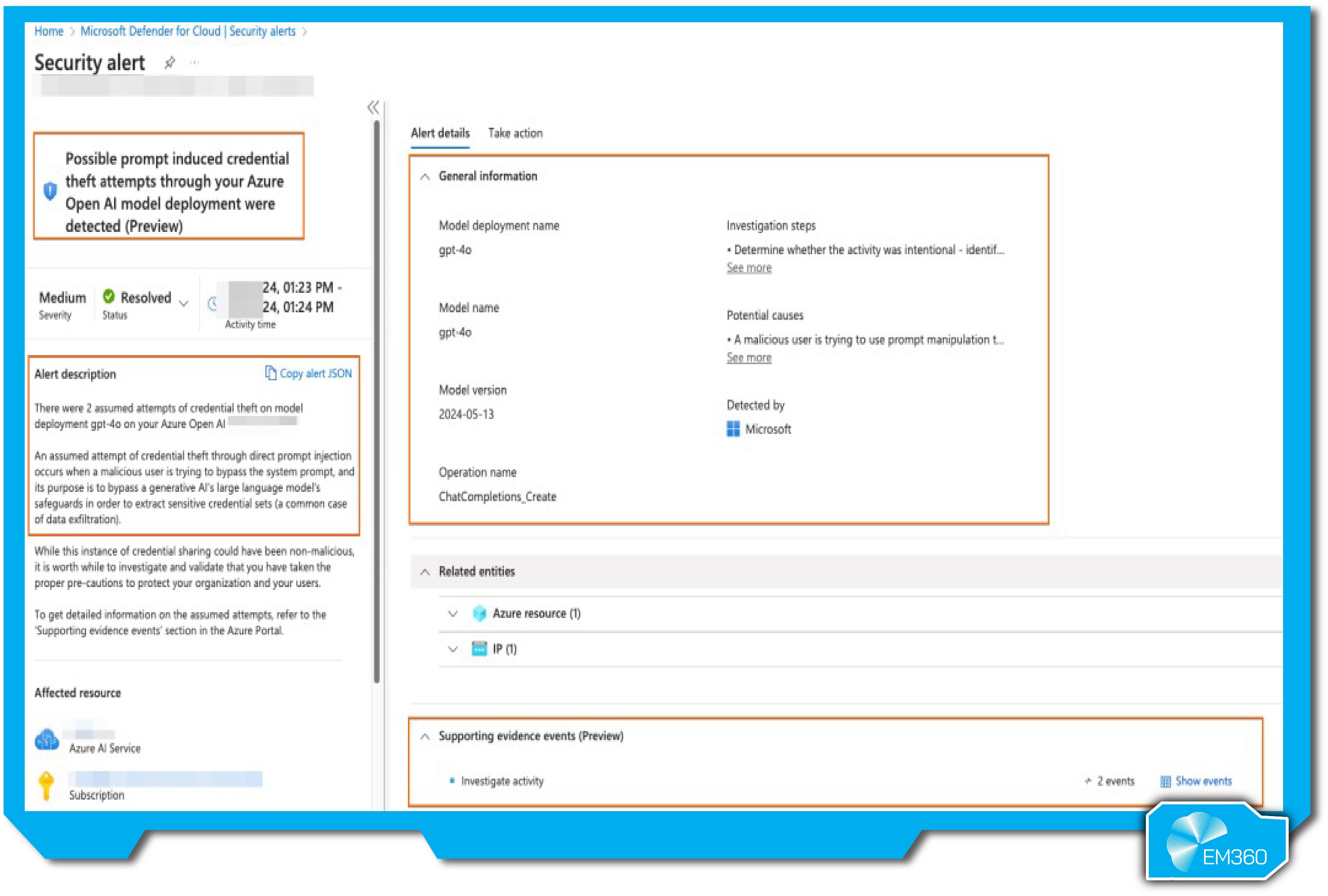 Microsoft Defender for Cloud interface displaying a security alert triggered by Prompt Shields for a suspected prompt injection attempt in an Azure OpenAI deployment.