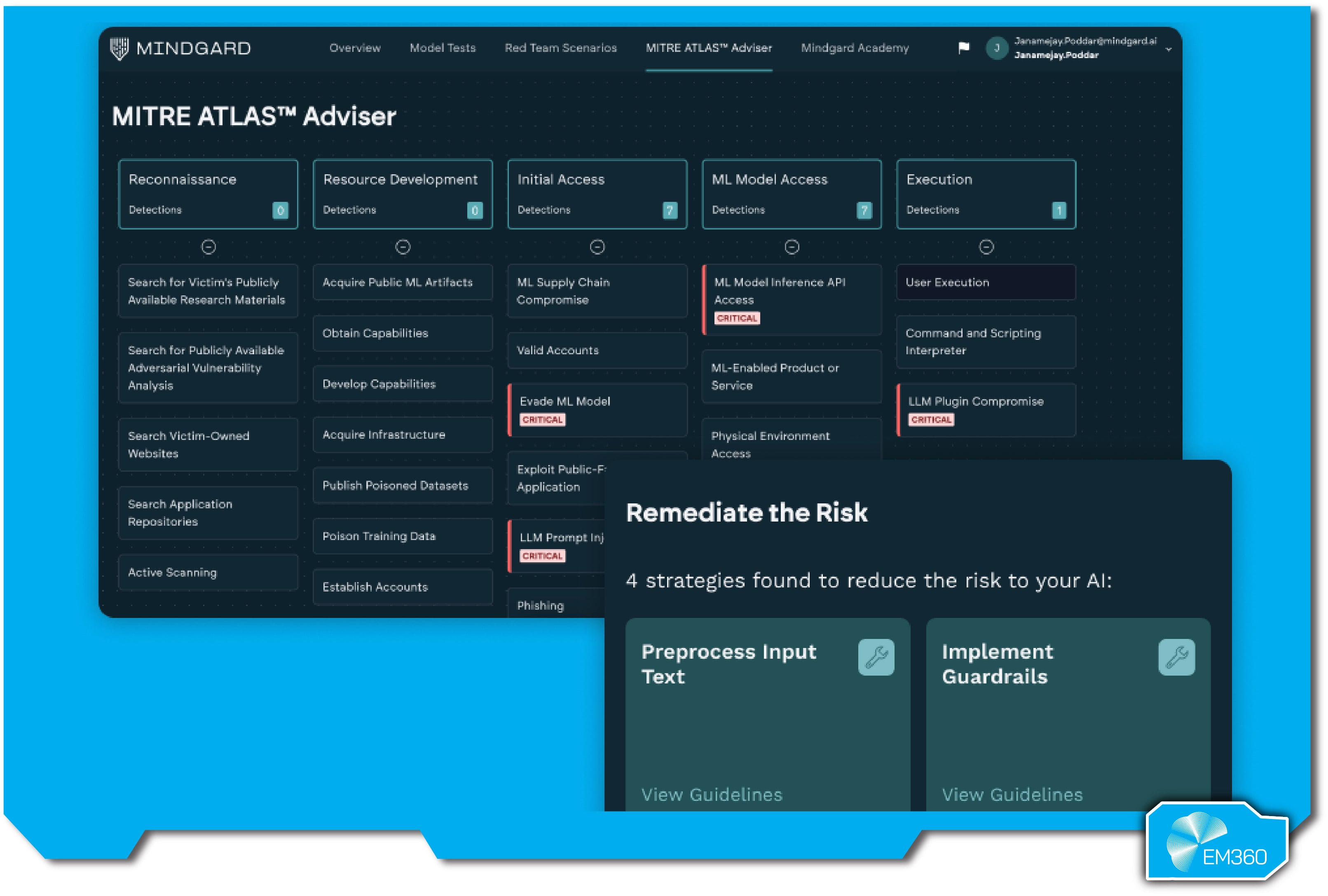 Mindgard platform view of the MITRE ATLAS Adviser showing mapped AI attack techniques, risk remediation strategies, and detections across multiple threat phases.