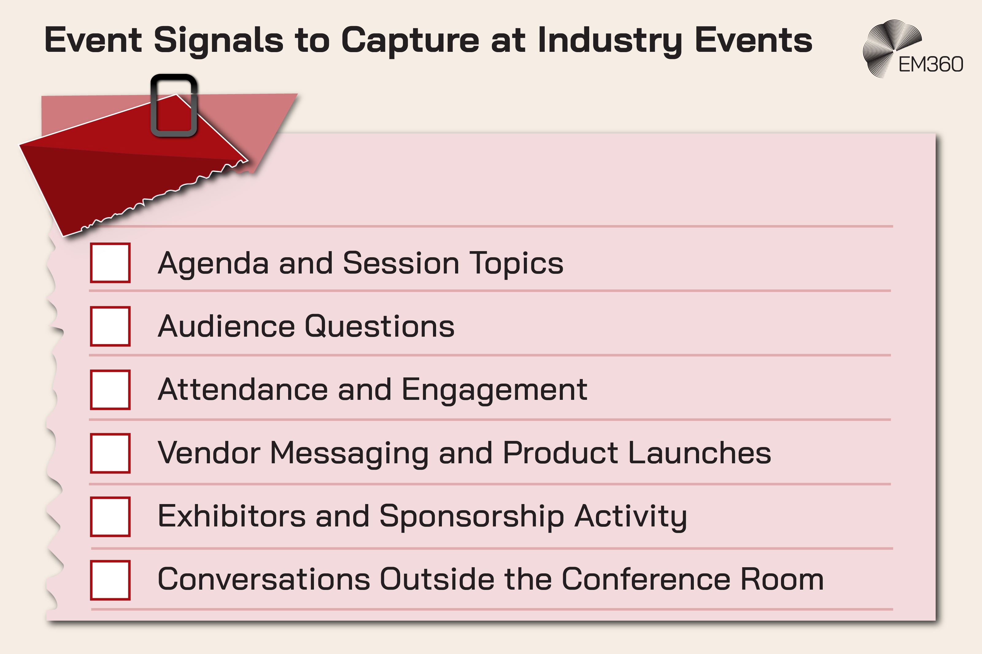 Clipboard checklist with a list of event signals to capture at an event.
