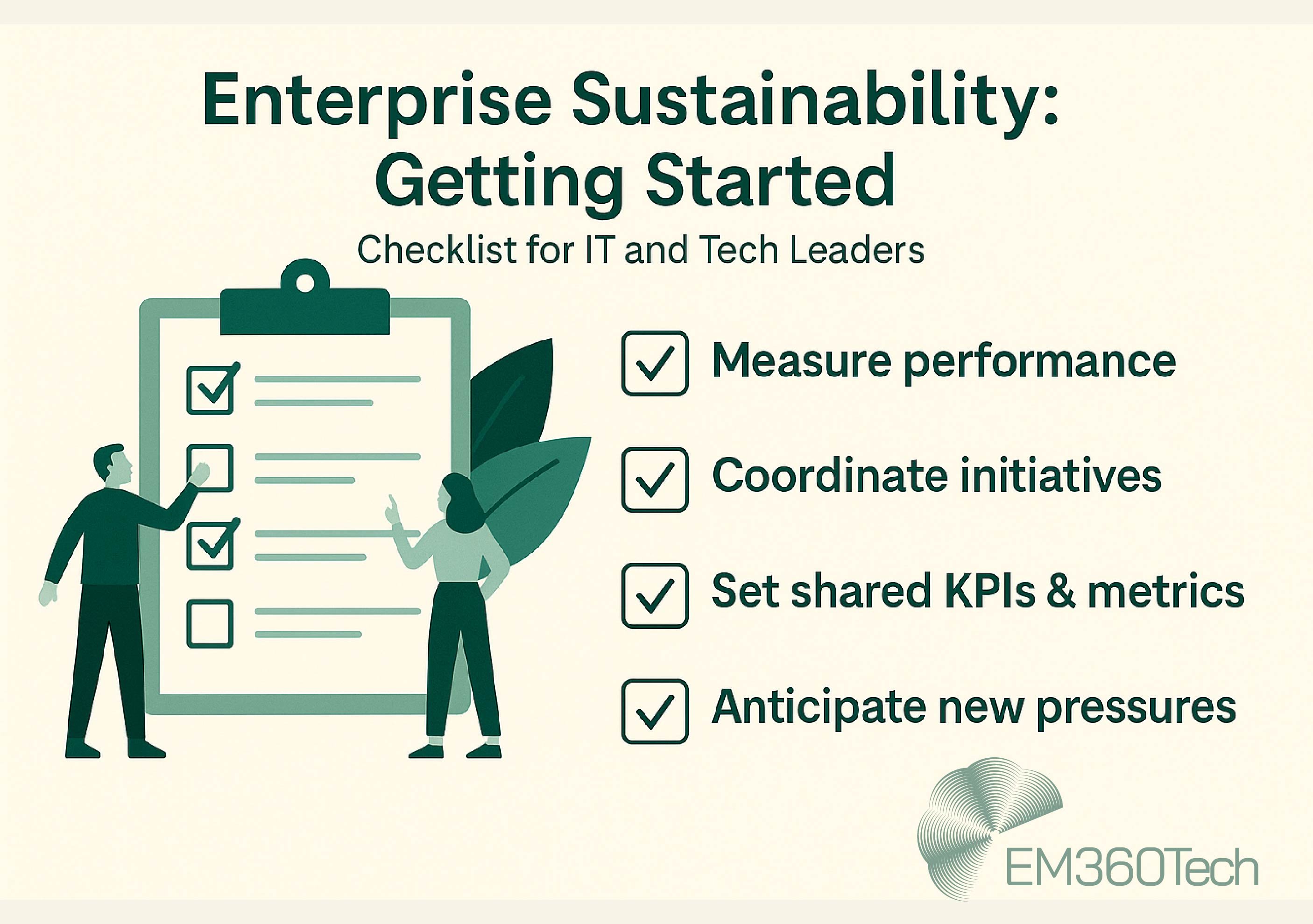 Infographic titled "Enterprise Sustainability: Getting Started – Checklist for IT and Tech Leaders" by EM360Tech. It features a clipboard illustration with two people interacting, and a checklist with four items: Measure performance, Coordinate initiatives, Set shared KPIs & metrics, and Anticipate new pressures. The EM360Tech logo appears in the bottom right corner.
