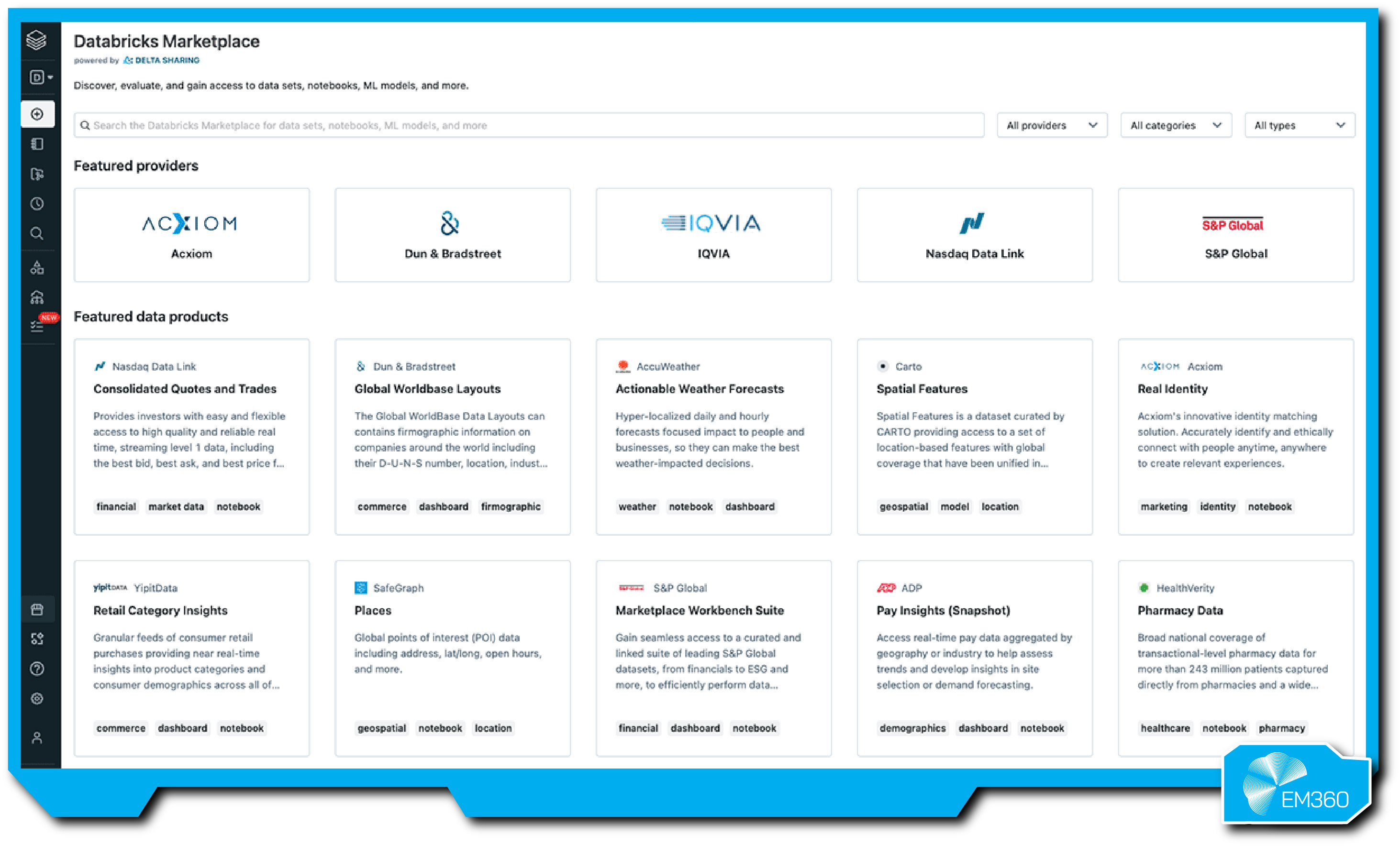 Screenshot of the Databricks Marketplace showcasing featured providers and data products, including listings from Acxiom, Dun & Bradstreet, Nasdaq Data Link, and others.