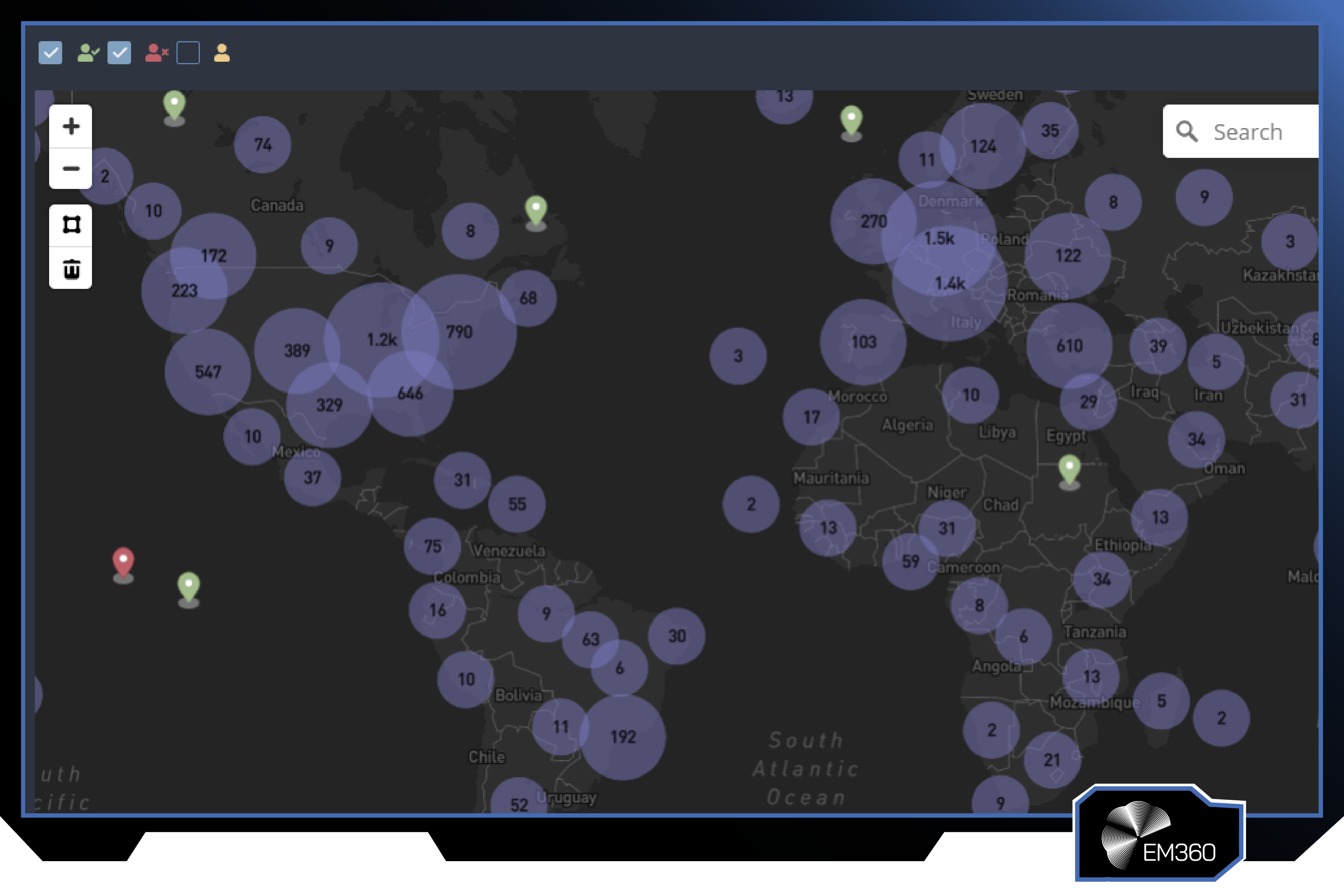 Screenshot of the Cyabra platform showing a world map covered with activity clusters and engagement markers, used to identify coordinated campaigns, suspicious account activity, and the geographic spread of online narratives.