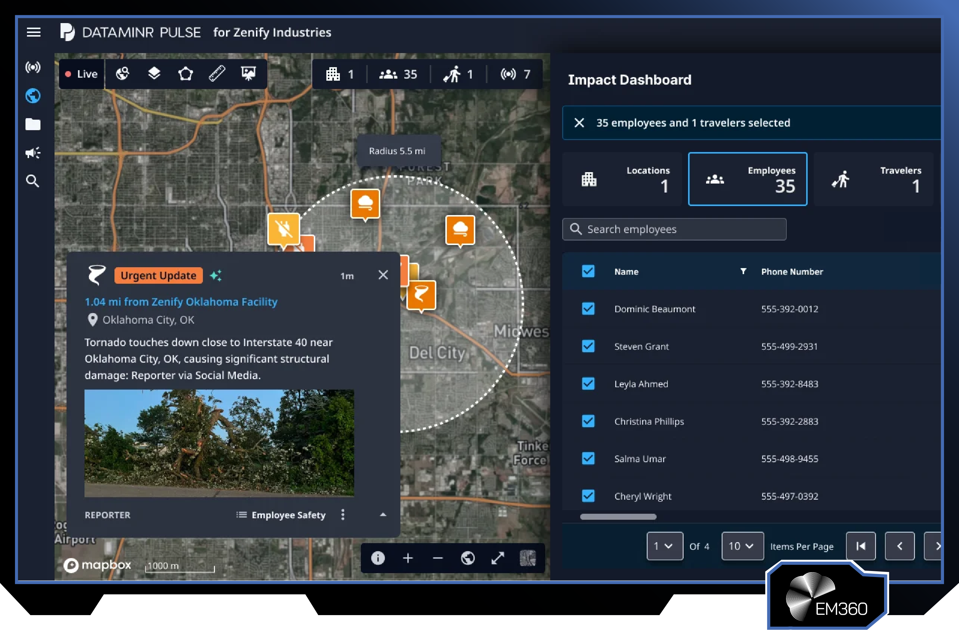 Screenshot of the Dataminr Pulse platform showing a live risk monitoring dashboard with a map of Oklahoma City, an urgent tornado alert near a company facility, affected employee counts, traveller tracking, and an impact assessment panel used for real-time operational risk monitoring.