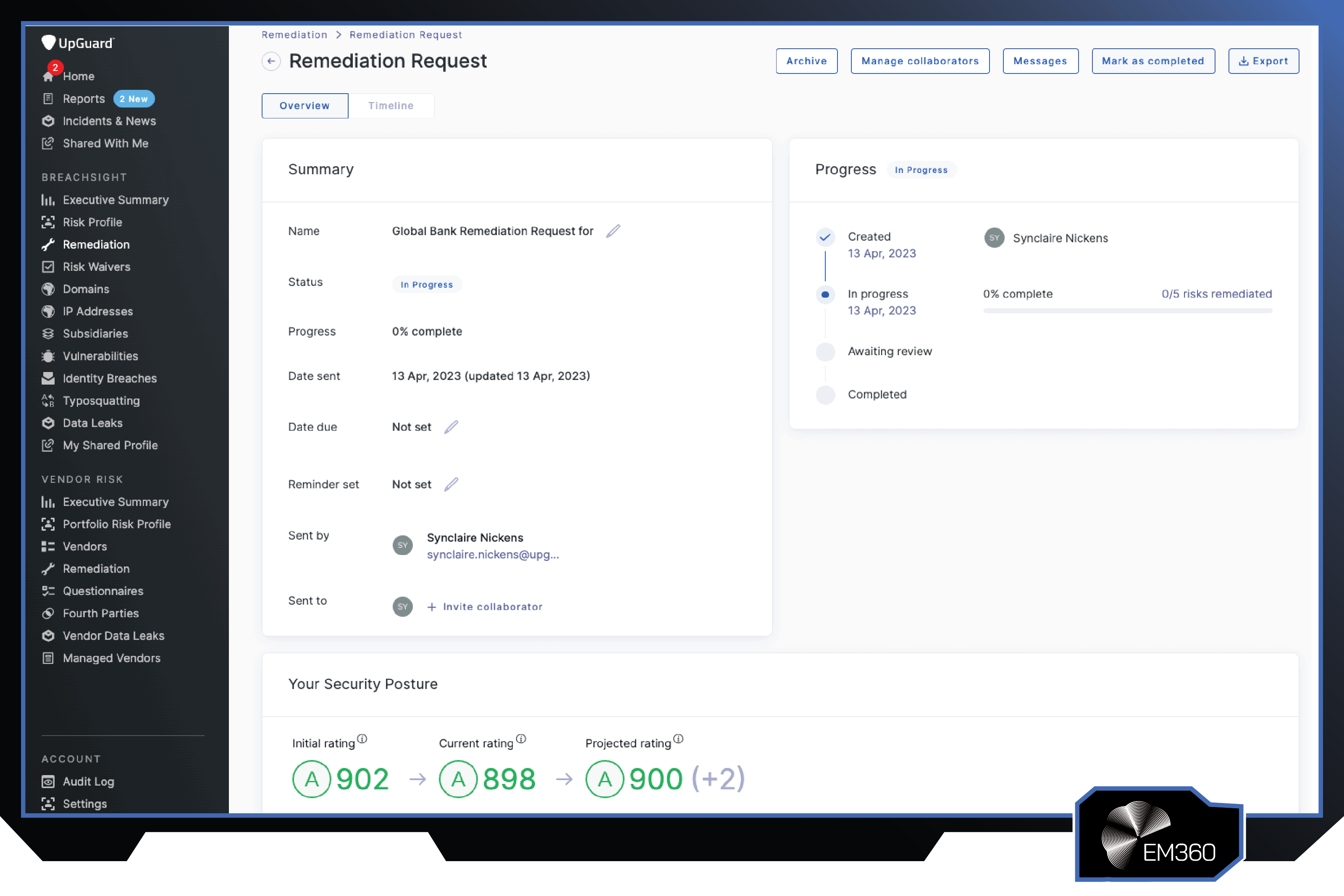 Screenshot of the UpGuard vendor risk management platform showing a remediation request workflow, security posture ratings, collaboration tools, and third-party risk remediation tracking.