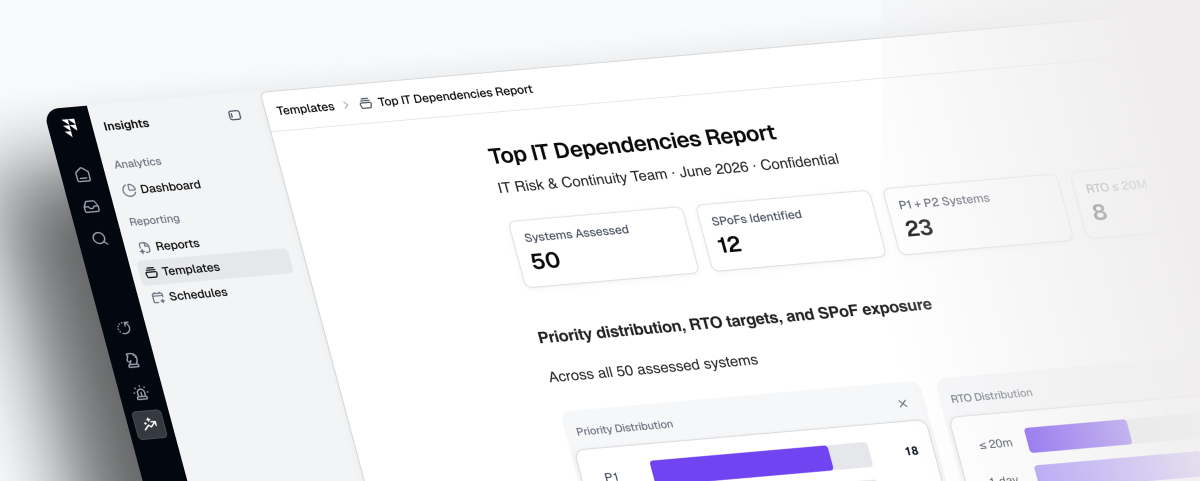Screenshot of Fortiv BCM platform dashboard showing top IT dependencies report