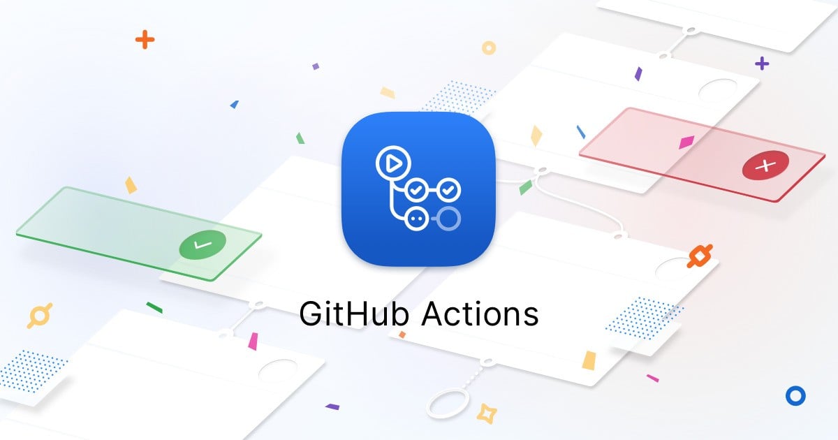 GitHub Actions logo with illustrated pipeline stages showing approval and rejection steps, representing enterprise CI/CD automation