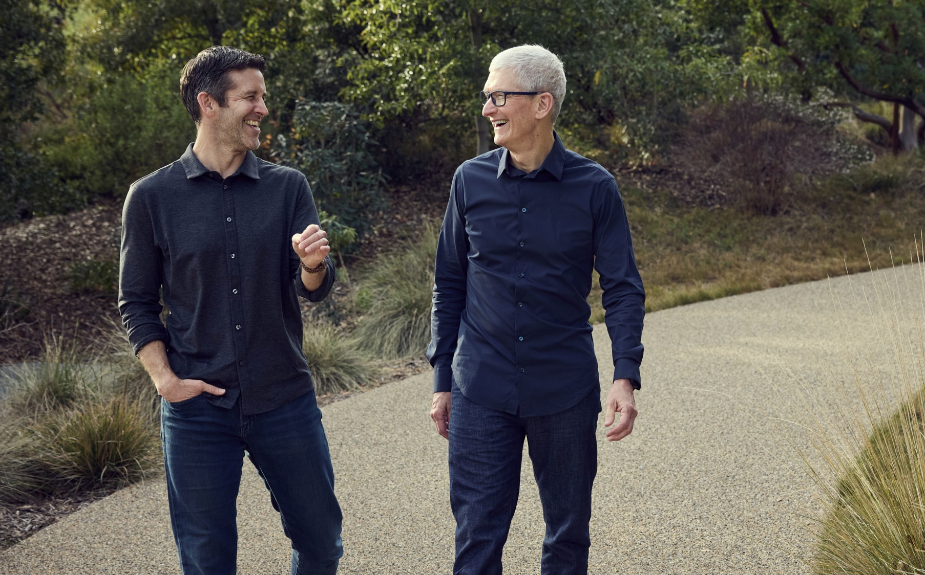 Outgoing Apple CEO Tim Cook and incoming CEO John Ternus at Apple headquarters in Cupertino, California.