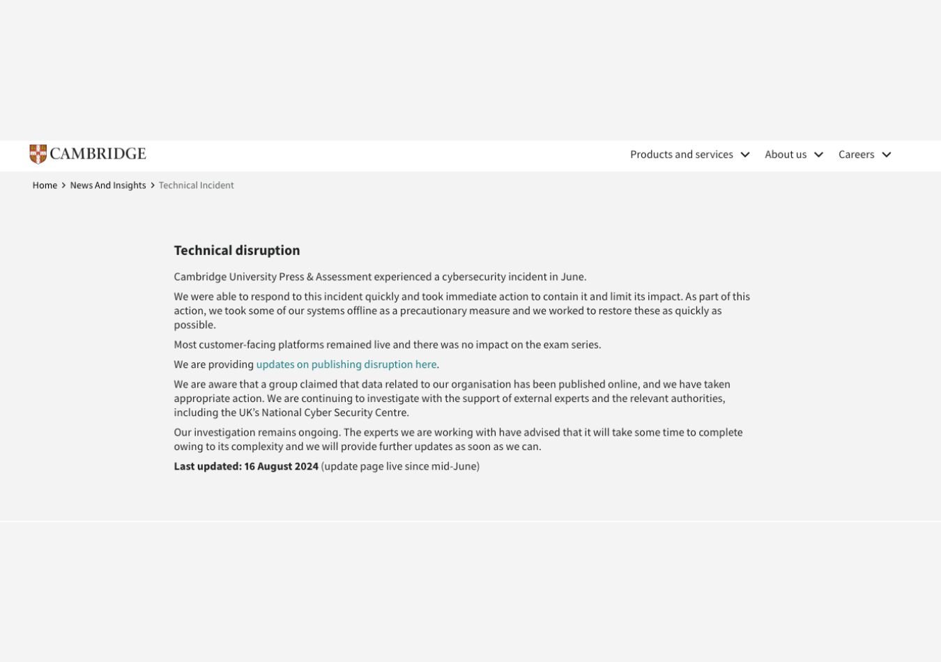 technical disruption in Cambridge latest update