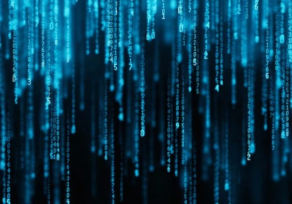 Code dropping down in a waterfall style in neon blue