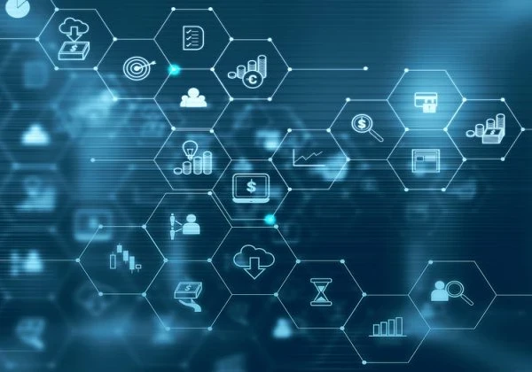 Honeycomb design in blue with various icons.