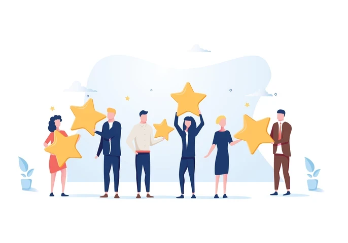 A group of animated people holding up stars.