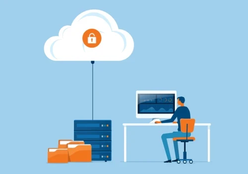 An animated depiction of a data centre next to a person sitting at a desk in front of a computer.