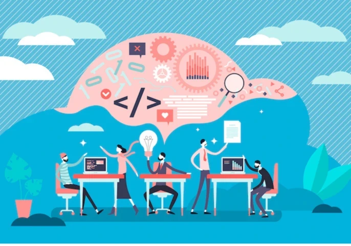 Animated figures sitting at desks with a speech bubble floating above them.