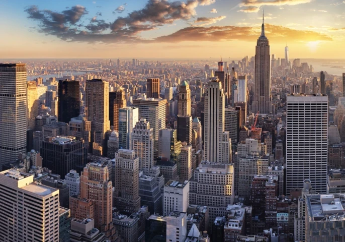 Aerial view of city skyscrapers with a sunset in the background.