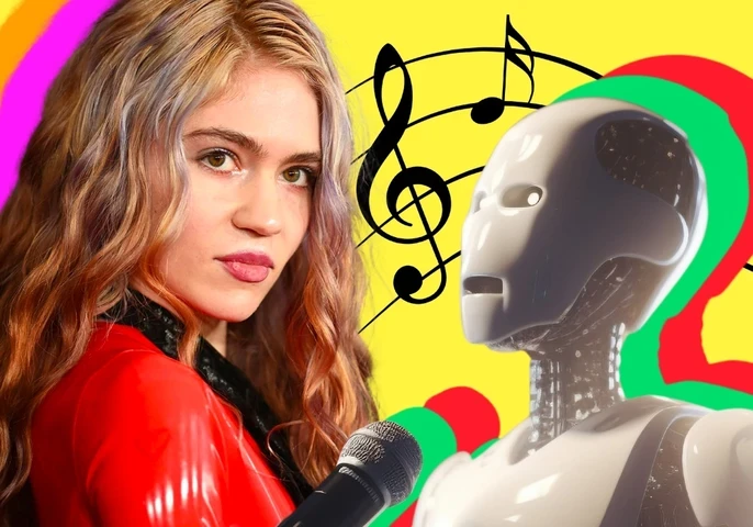 The singer Grimes alongside a robot with colorful music notes in the background.