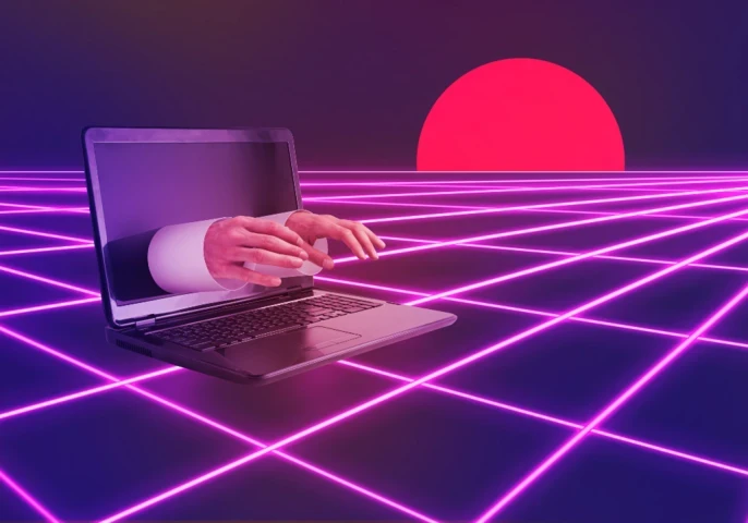 Hands reaching out of a laptop screen against an 80s-style neon background.