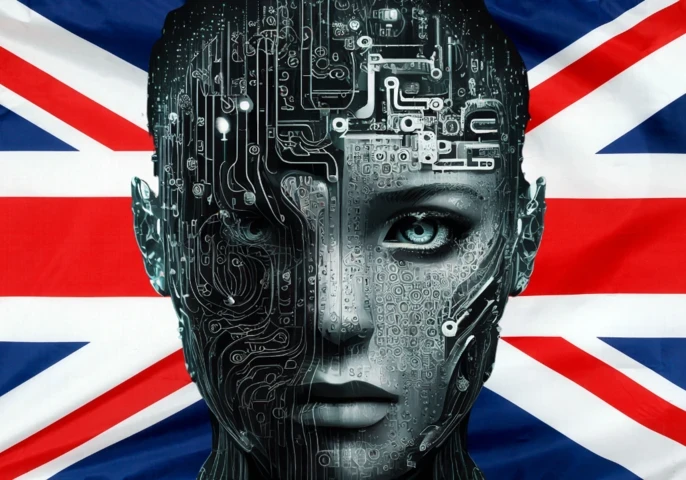 Robotic female in gray in front of a UK flag.