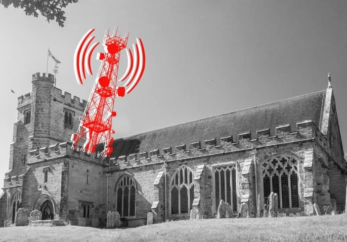 Depiction of a cellphone tower growing out of a church.