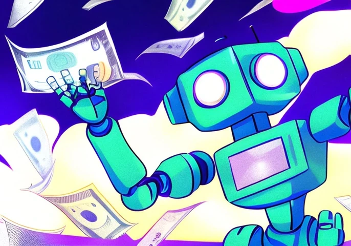 A colourful animated depiction of a robot holding money.
