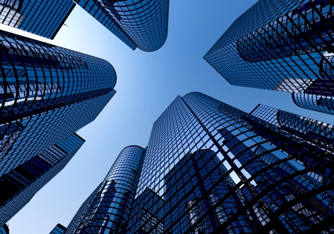 A ground-up view of skyscrapers.