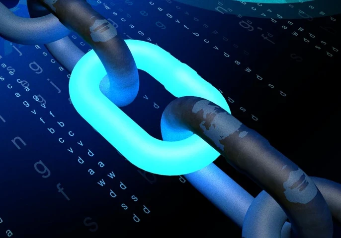 Image depicting blockchain technology with a glowing blue chain link and coding in the background.