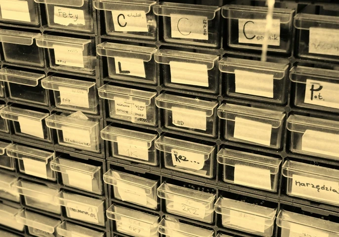 Old-fashioned clear storage boxes for spare parts in a warehouse