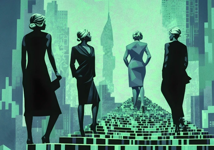 Graphic depicting four female businesspeople on a staircase amidst skyscrapers.