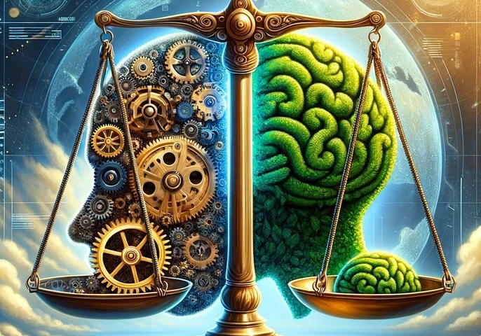 scales balancing AI and human intelligence