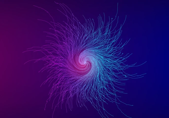 Pink and purple swirl with strings and cables.