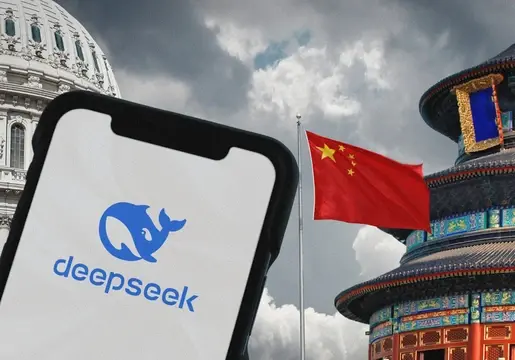 what is deepseek. image depicts deepseek app on mobile with background depicting US and Chinese national symbols: The Capitol in Washington DC and Temple of Heaven in Beijing with national flags. 