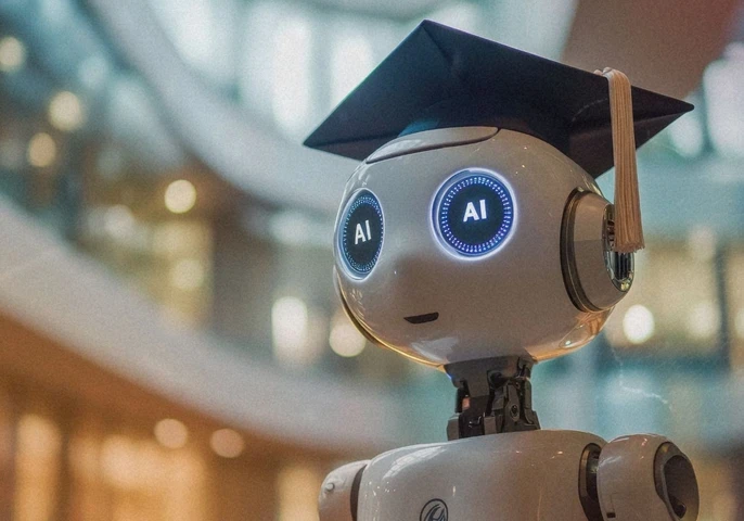 An animated robot with a graduation cap and its eyes showing the words "AI"