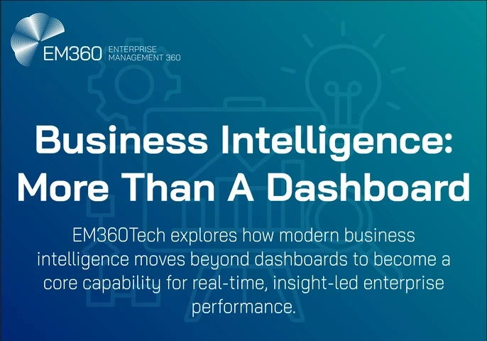 EM360Tech graphic with the title 'Business Intelligence: More Than A Dashboard' on a blue gradient background with faint vector-style icons of gears, a lightbulb, and a briefcase. The subtitle reads: 'EM360Tech explores how modern business intelligence moves beyond dashboards to become a core capability for real-time, insight-led enterprise performance