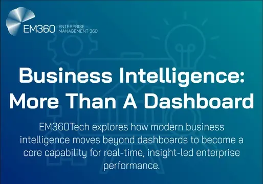 EM360Tech graphic with the title 'Business Intelligence: More Than A Dashboard' on a blue gradient background with faint vector-style icons of gears, a lightbulb, and a briefcase. The subtitle reads: 'EM360Tech explores how modern business intelligence moves beyond dashboards to become a core capability for real-time, insight-led enterprise performance