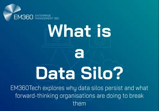 EM360Tech article header image titled 'What is a Data Silo?' with a gradient blue background and subtle tech icons, featuring the subtitle: 'EM360Tech explores why data silos persist and what forward-thinking organisations are doing to break them.