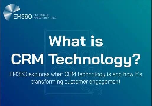  Title slide for an article by EM360 titled "What is CRM Technology?" The background features a gradient blue design with a faint outline of a document, user icon, and gear. The text reads: “What is CRM Technology? EM360 explores what CRM technology is and how it’s transforming customer engagement.” The EM360 logo appears in the top left corner.