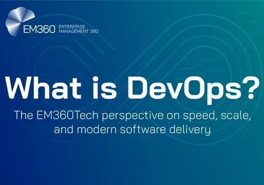 Banner image with a blue-green gradient background featuring circuit-style design lines. The EM360 logo appears in the top left corner with the text 'Enterprise Management 360'. Large white text in the center reads: 'What is DevOps?' followed by a subtitle in smaller font: 'The EM360Tech perspective on speed, scale, and modern software delivery.
