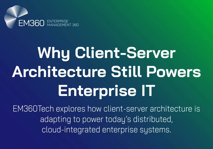 EM360Tech header image with the title "Why Client-Server Architecture Still Powers Enterprise IT" and a subheading that explains EM360Tech explores how client-server architecture is adapting to today’s distributed, cloud-integrated enterprise systems. Background features a blue-to-green gradient with the EM360 logo in the top left.