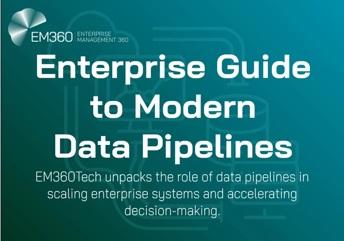 Banner graphic titled "Enterprise Guide to Modern Data Pipelines" by EM360Tech, with a teal gradient background and white tech-themed line icons representing cloud, servers, and data flow. Text highlights the article’s focus on scaling enterprise systems and accelerating decision-making.