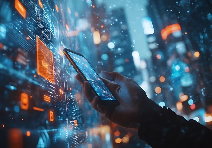 A hand holding up a smartphone with various data graphics floating around.