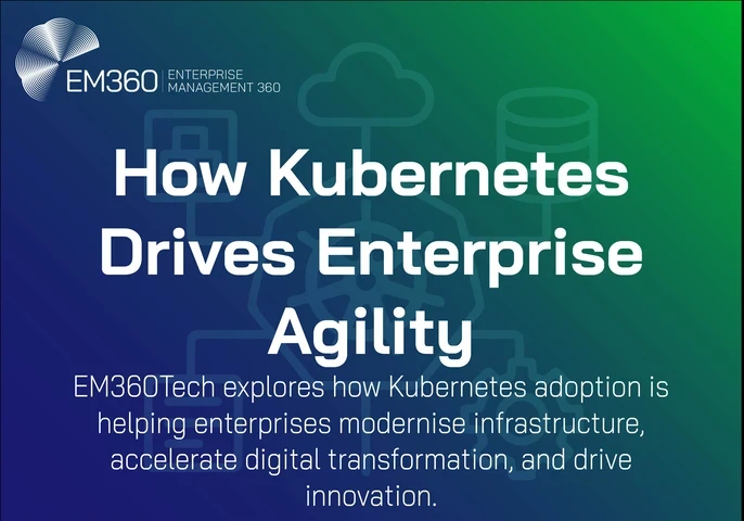 EM360Tech header graphic with gradient blue-to-green background. White text reads ‘How Kubernetes Drives Enterprise Agility’. Subtext explains that EM360Tech explores how Kubernetes adoption helps enterprises modernise infrastructure, accelerate digital transformation, and drive innovation. Faint Kubernetes line icons appear in the background.