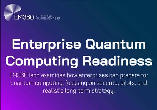 Infographic with EM360Tech branding. Title reads “Enterprise Quantum Computing Readiness.” Subtext explains EM360Tech examines how enterprises can prepare for quantum computing with a focus on security, pilots, and realistic long-term strategy. Background is a gradient of dark blue to purple.